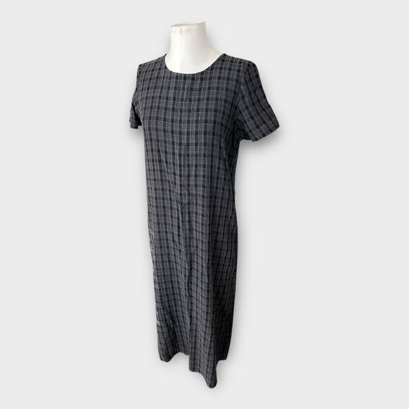 Eileen Fisher Plaid Linen Blend Midi Shift Dress Women's Medium Petite Minimal - Picture 2 of 8